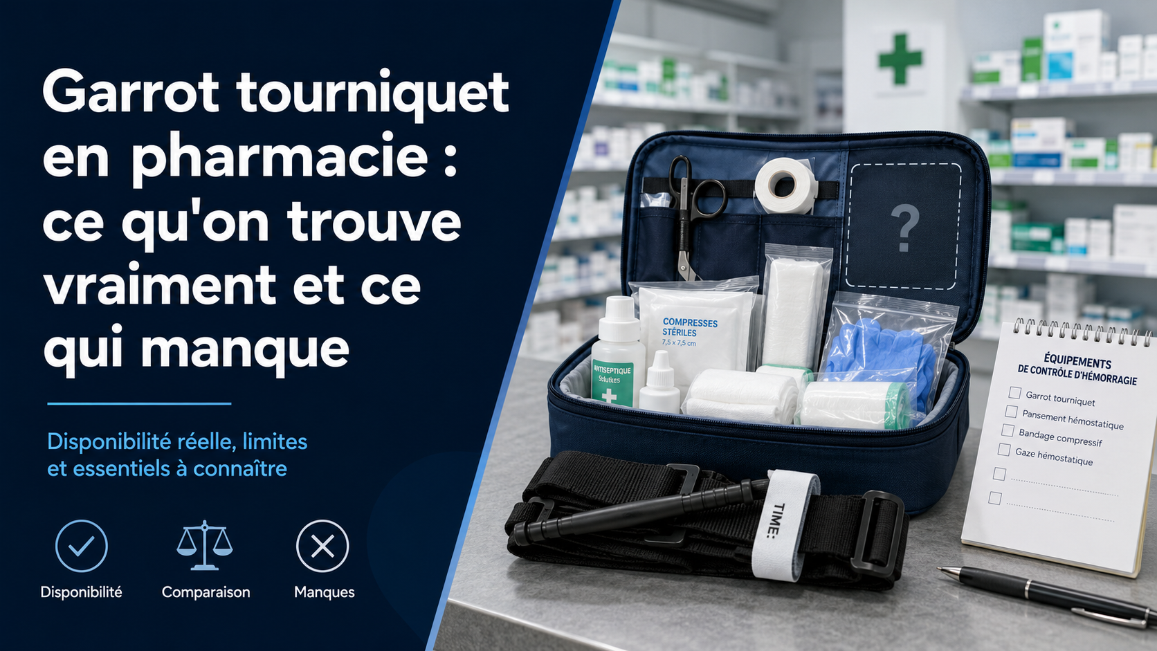 Garrot tourniquet en pharmacie : ce qu'on trouve vraiment et ce qui manque